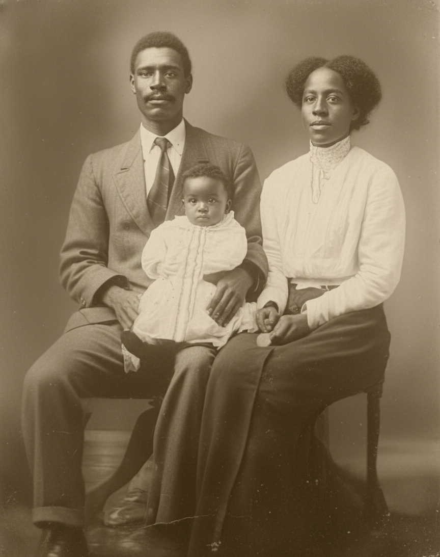 Family photograph identified by Corey Jones as Burrell Parker and Lucile Moss with a child
